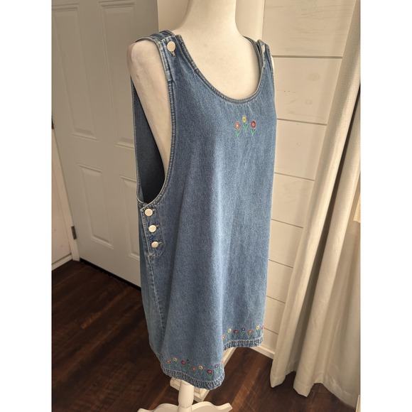 Route 66 Tank Dress Womens Large Blue Denim Floral Embroidered Vintage Overalls - Picture 2 of 7